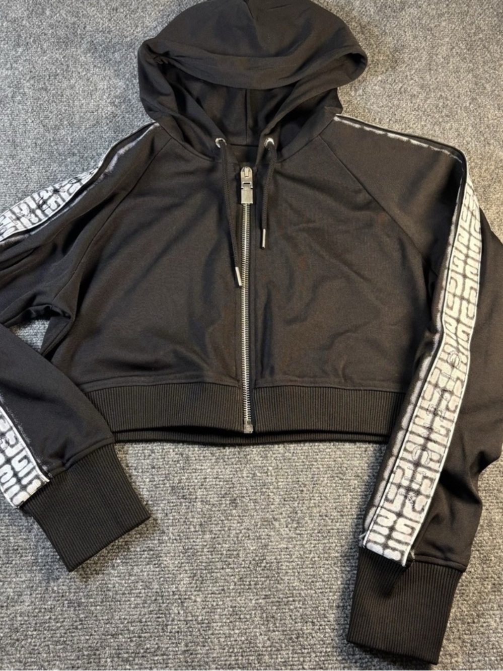Givenchy Black Cropped Zip Hoodie with Monogram Sleeve Tape